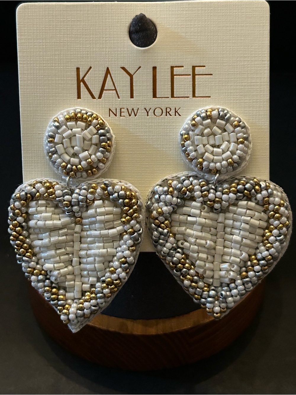 Kay Lee New York Handmade White & Golden Bead Heart Drop Earrings NWT